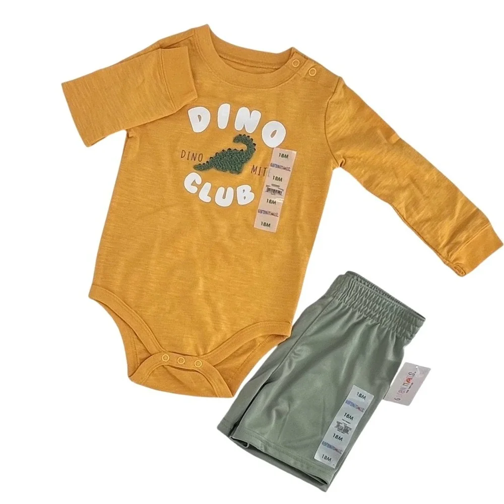 Garanimals Bodysuit Shorts Set Boys 18M Yellow Green Dino Club Fall NEW
